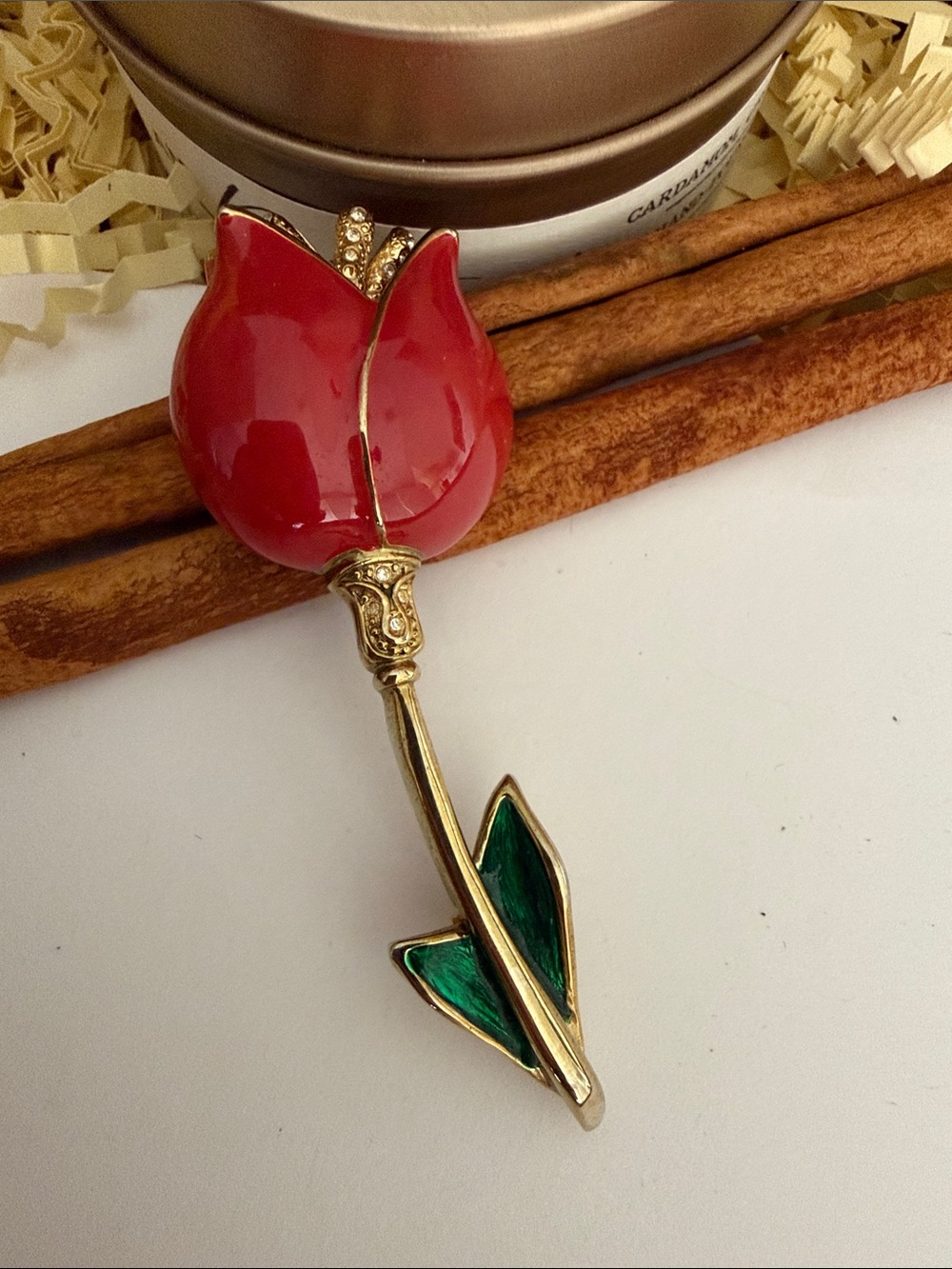 Gold-Tone Red /Dark Pink Tulip Brooch with Green Enamel Leaves
